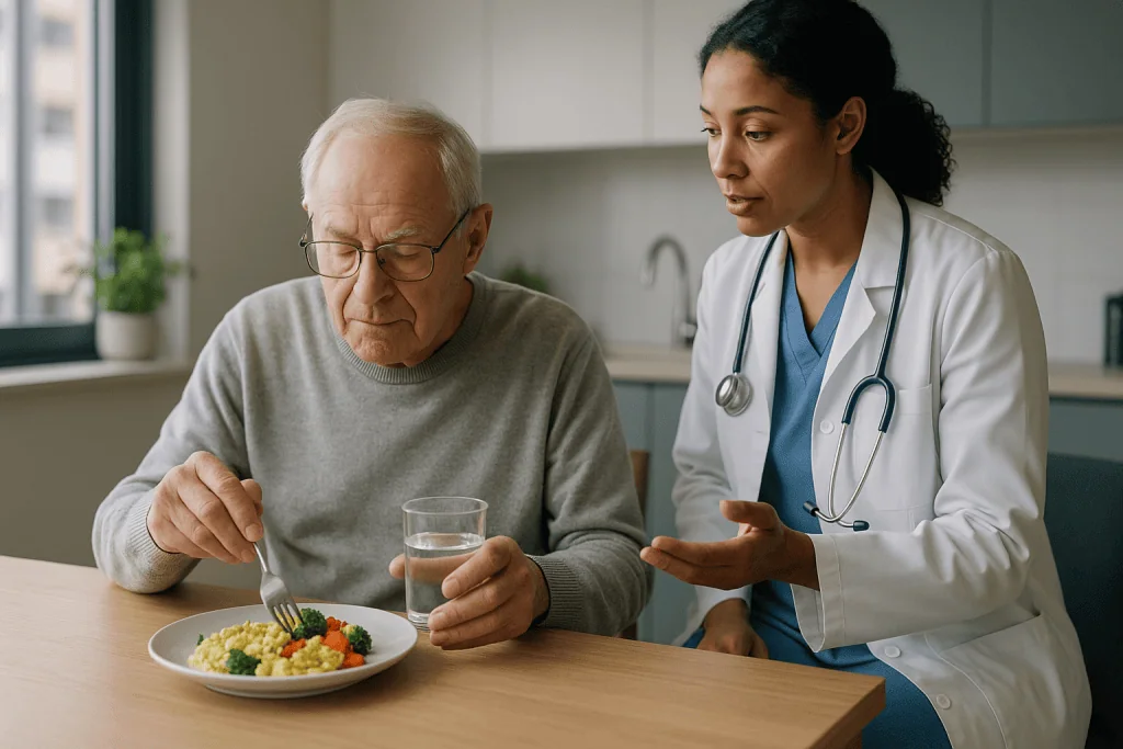 Doctor discussing nutrition with elderly patient eating — Eating and drinking: what changes at the kitchen table