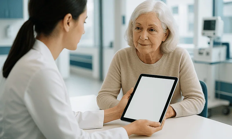 Doctor consulting with elderly patient using a tablet in a hospital setting.