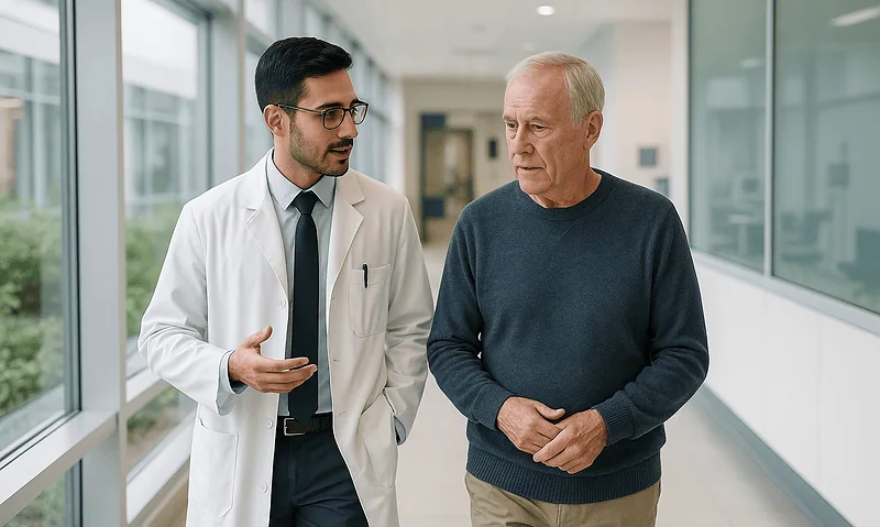 Doctor consulting with an elderly male patient in a hospital corridor.