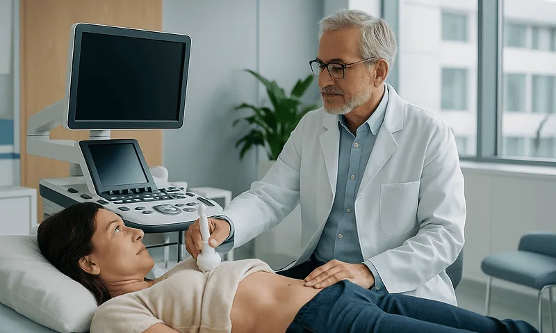 Doctor examining a patient in a hospital room with medical equipment.
