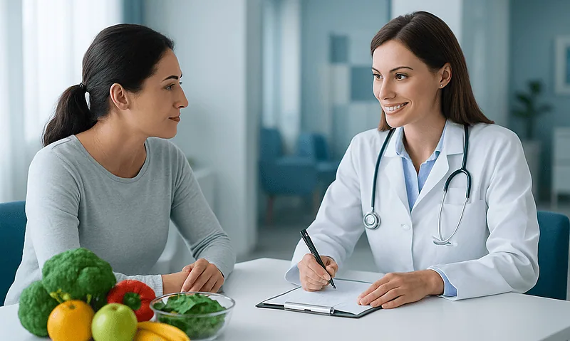 Doctor consulting with patient about anemia and diet at hospital.