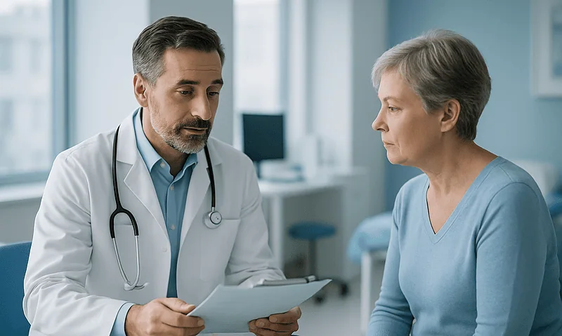 Doctor consulting with an elderly woman in a medical office.