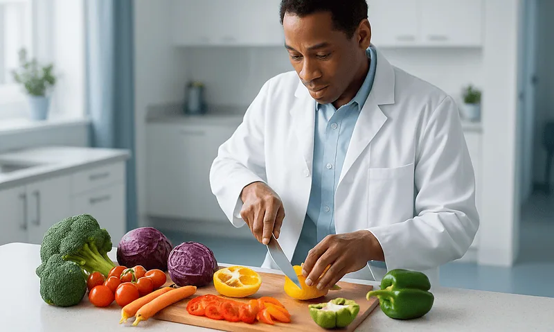 Doctor preparing fresh vegetables and fruits in a modern kitchen.