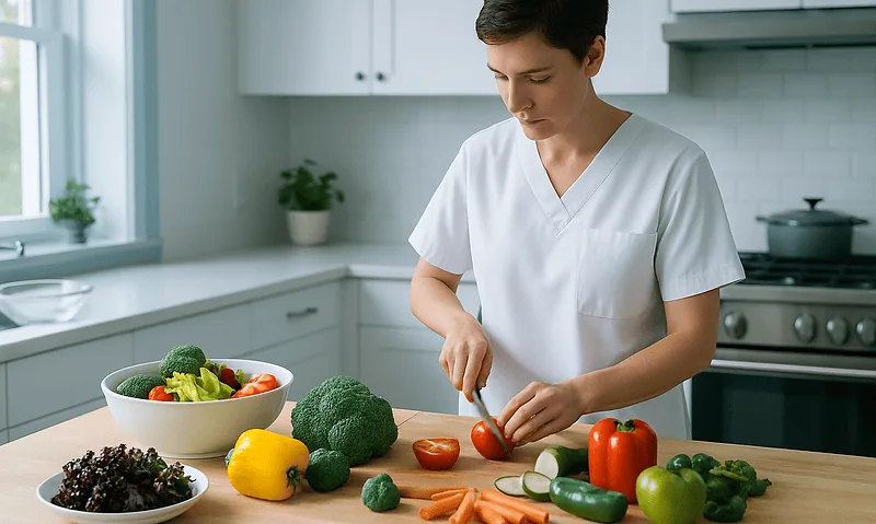 Young woman preparing fresh vegetables in a modern kitchen for healthy eating.
