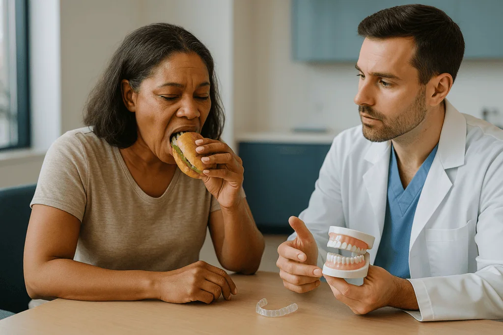 Dentist consulting patient about dental care and nutrition: Eating with dental crowns on day one: what actually happens