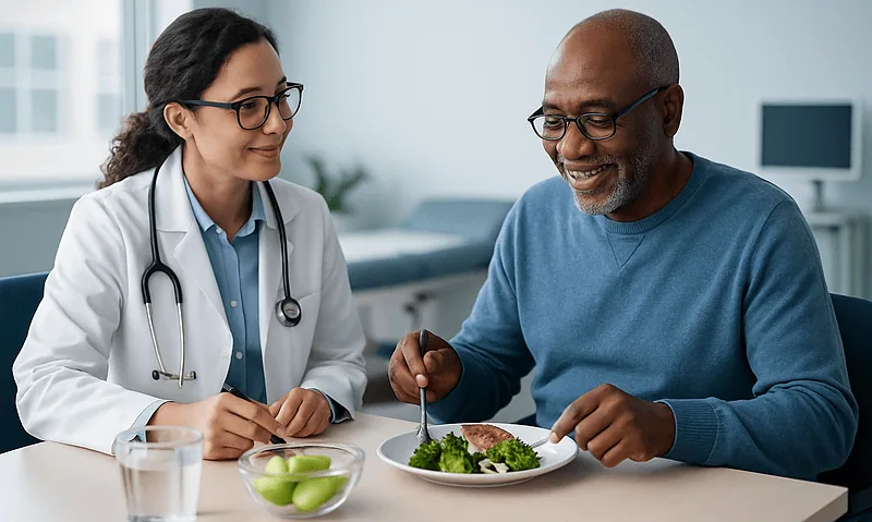 Doctor advising a patient on healthy eating for kidney disease management.