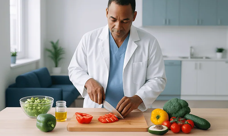 Doctor preparing vegetables for a healthy diet in a modern kitchen.
