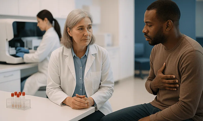 Doctor consulting with patient about symptoms in a medical clinic setting.