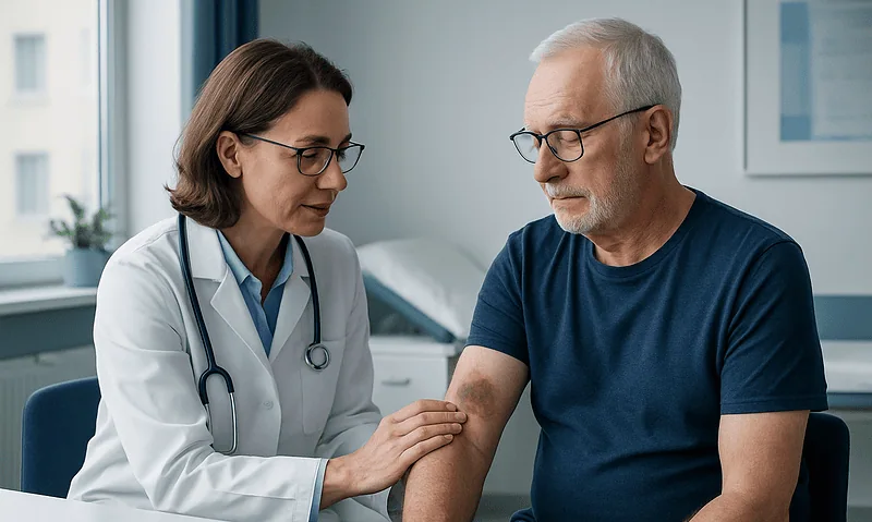 Doctor examining a patient's bruise on his arm in a clinical setting.