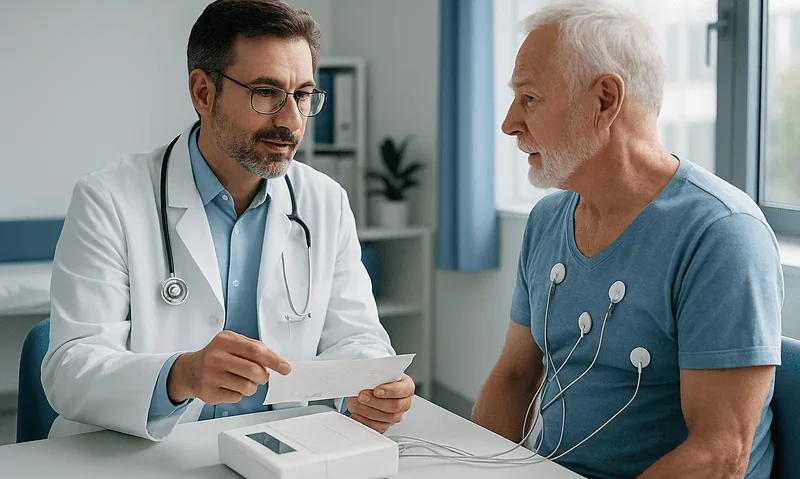 Doctor explaining ECG results to an elderly patient in a hospital.