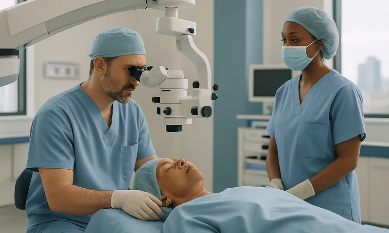 Surgeons performing eye surgery in a modern hospital operating room.