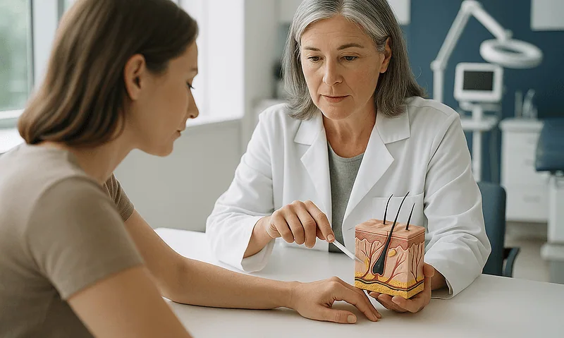 Dermatologist explaining skin layers and eczema to patient with skin model.
