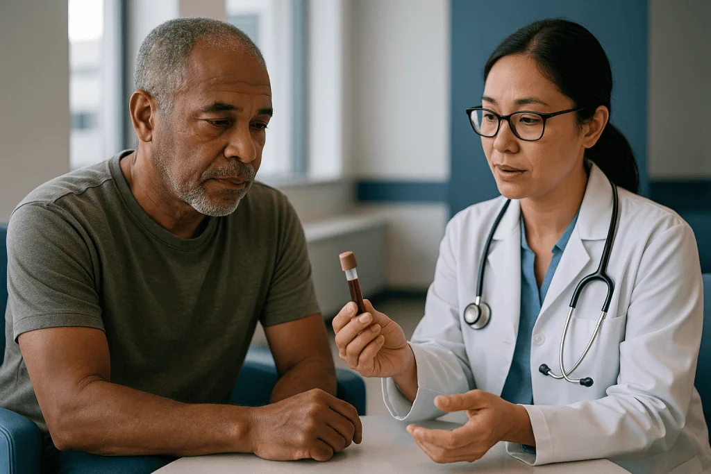 Doctor consulting with male patient, showing blood test sample, eGFR blood test meaning, creatinine, urine albumin and cysta