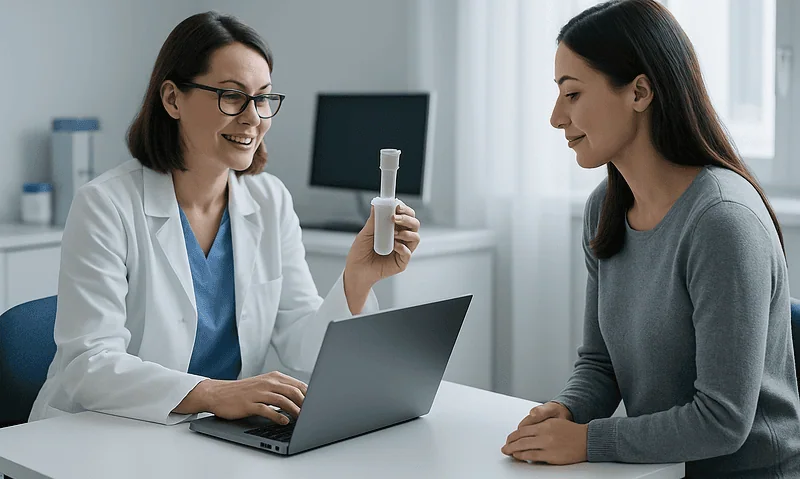 Fertility specialist explains egg freezing process to patient in clinic.