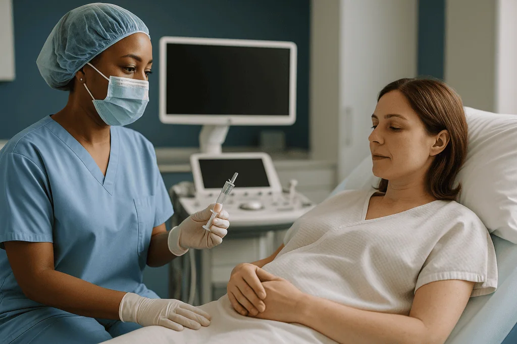 Healthcare provider showing syringe to pregnant patient: Egg retrieval on the day of GIFT