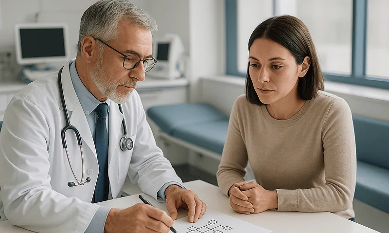 Doctor consulting with a patient in a medical office setting.