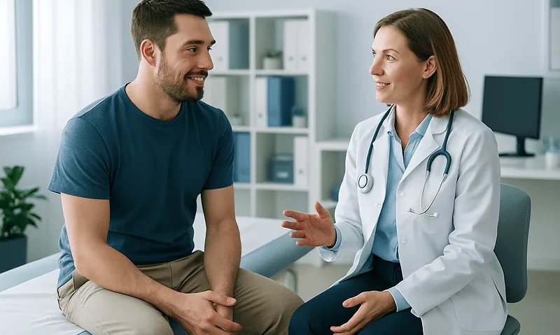 Doctor consulting with male patient in a modern clinic setting.