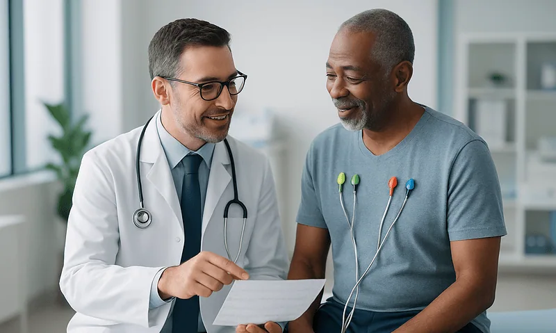 Doctor explaining EKG results to patient in a medical office.