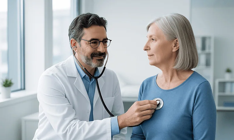 Doctor examining a senior woman's heart with a stethoscope in a medical office.
