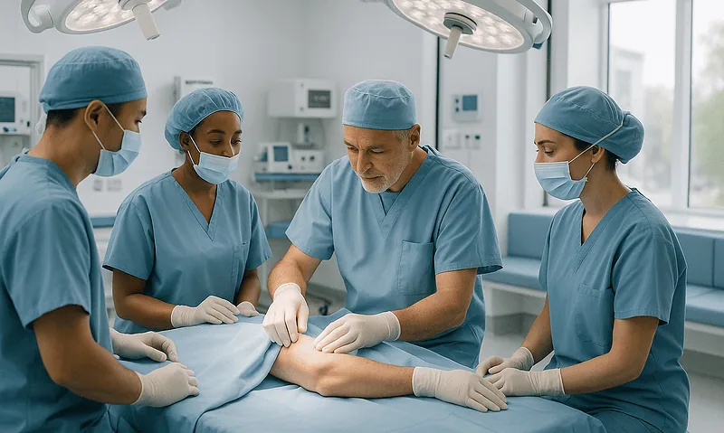 Surgeons performing elbow surgery in a modern hospital operating room.