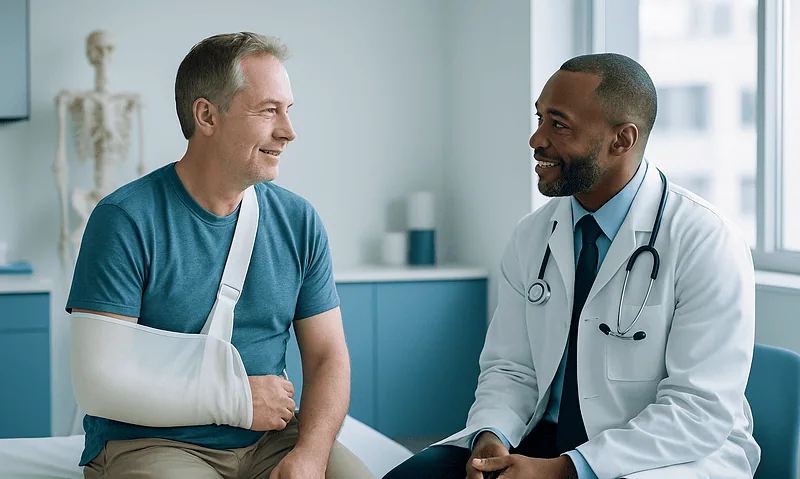 Patient talking with doctor after elbow surgery at Acibadem Hospital.