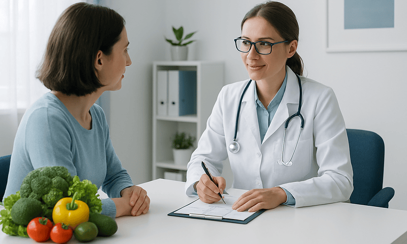 Doctor consulting with a patient about cold remedies at clinic.