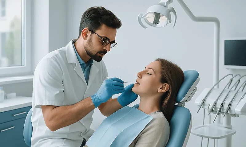 Dentist examining patient's teeth in a modern dental clinic.