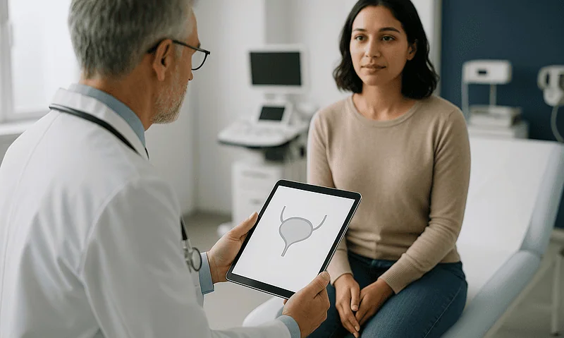 Doctor explaining bladder diagram to patient in a medical consultation.