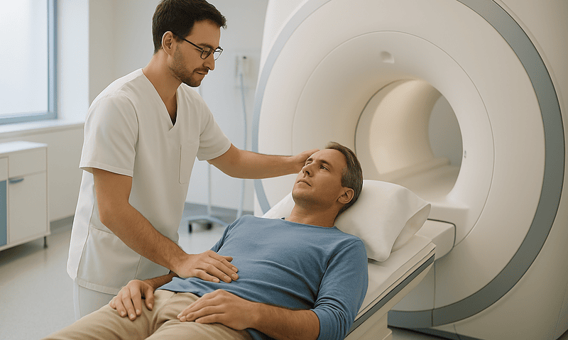 Medical professional preparing patient for MRI scan at Acibadem Hospital.