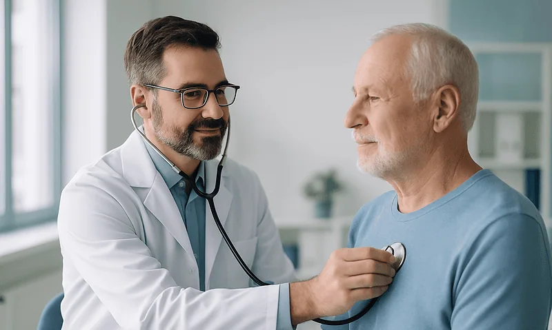 Doctor examining an elderly male patient with a stethoscope in a clinic setting.