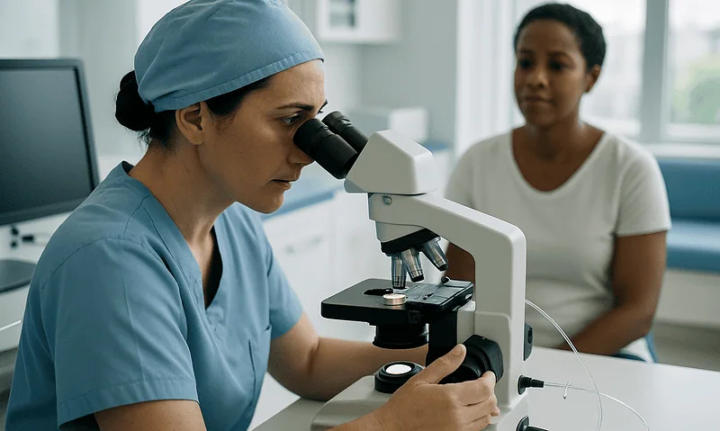 Medical professional examining a sample through a microscope in a clinical setting.