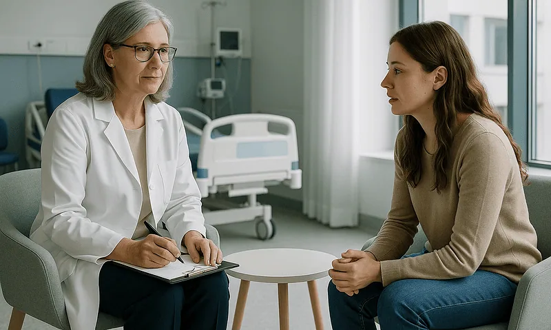 Psychologist and patient in therapy session at Acibadem Hospital.