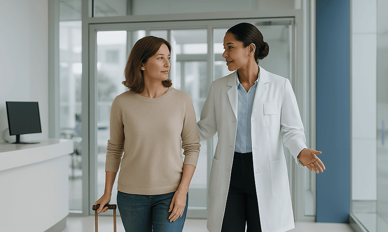 Doctor talking to a patient at a hospital reception area.