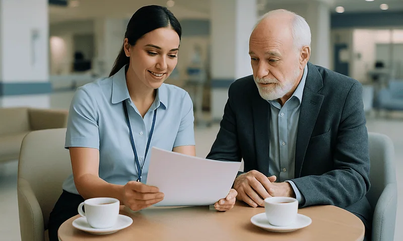 Medical consultation between a young woman and an elderly man at a hospital.