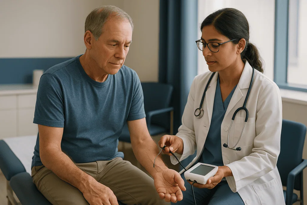 Doctor examining patient's arm with portable diagnostic device: EMG results for ALS: what the needle test actually shows
