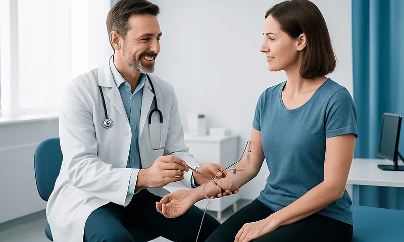 Doctor performing EMG test on patient in hospital setting.