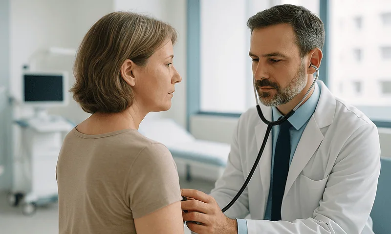 Doctor examining a woman with a stethoscope in a hospital room.