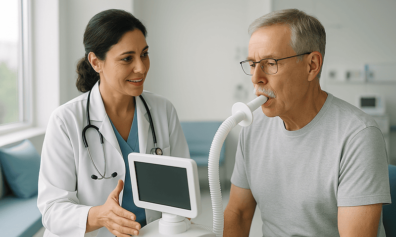 Doctor explains emphysema treatment to patient using medical device.