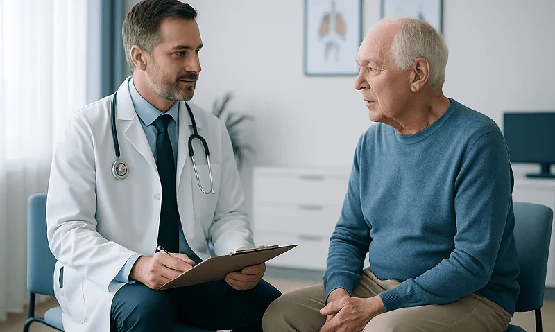 Doctor consulting with elderly patient in a medical office.