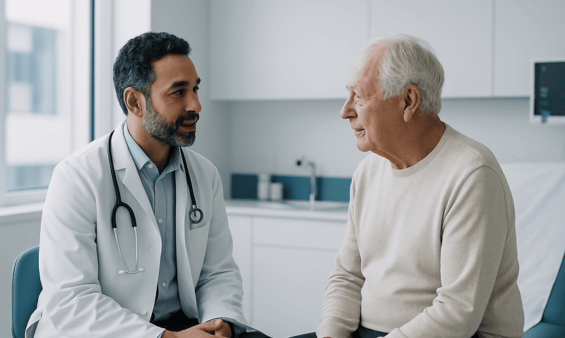 Doctor consulting elderly patient in a hospital room.