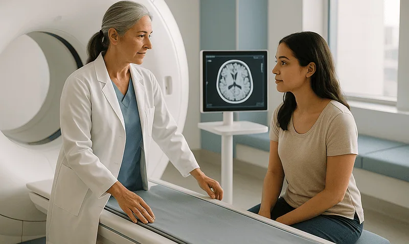 Doctor explaining brain scan to patient in hospital setting.