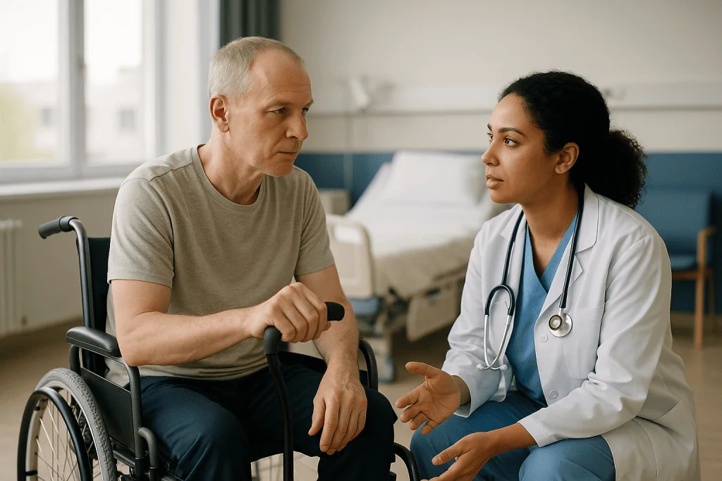 Doctor consulting with patient in wheelchair in hospital room: Encephalitis recovery time: how long does recovery after ence