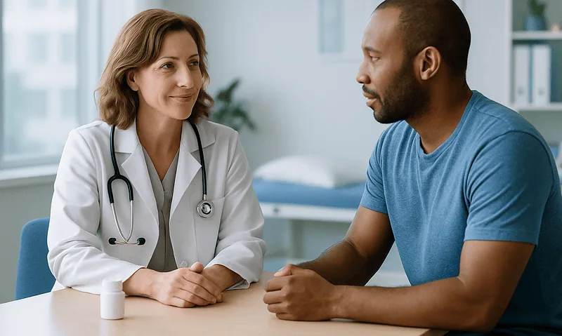 Enclomiphene: The TRT Alternative Explained: How It Works, the Evidence and Its Regulatory Status 6 Doctor consulting with male patient in a medical office setting.
