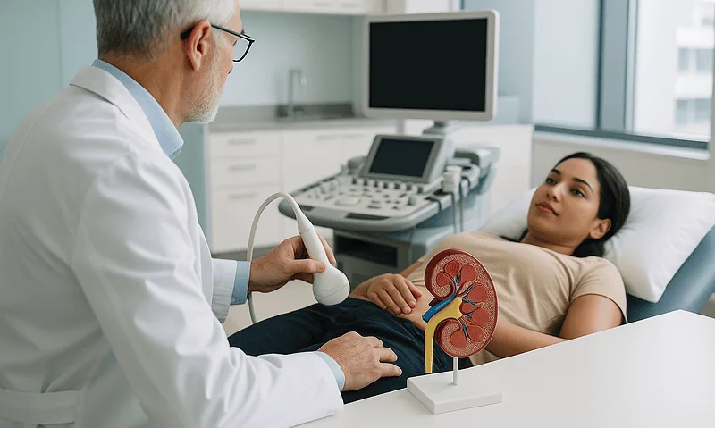 Doctor examining a patient with a kidney model in a hospital room.