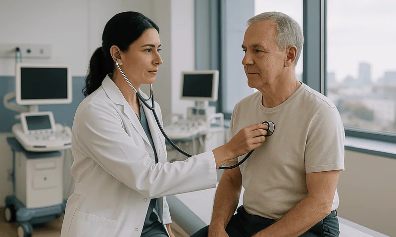 Doctor examining an elderly male patient with stethoscope in hospital.