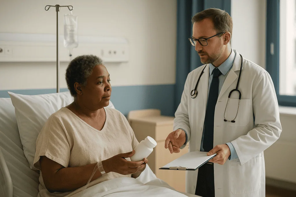 Doctor consulting patient in hospital room holding medication — Endocarditis antibiotics: how the choice is made and why it c