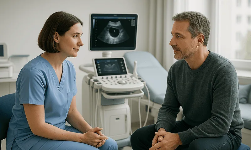 Doctor and patient discussing ultrasound results in a medical consultation room.