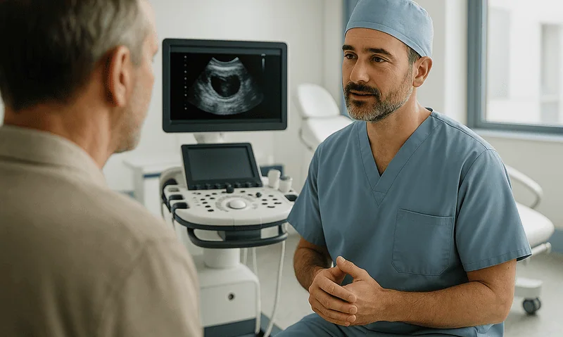Doctor consulting with patient about endometrial cancer diagnosis and ultrasound results.