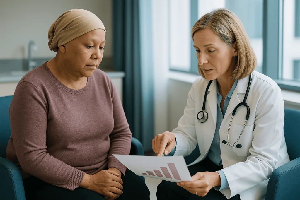 Doctor consulting patient with medical chart in clinic: Endometrial cancer treatment by stage: how the plan typically change