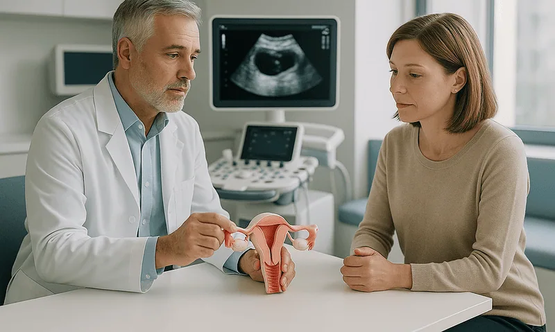 Doctor explaining endometrial hyperplasia with uterine model to patient in clinic.